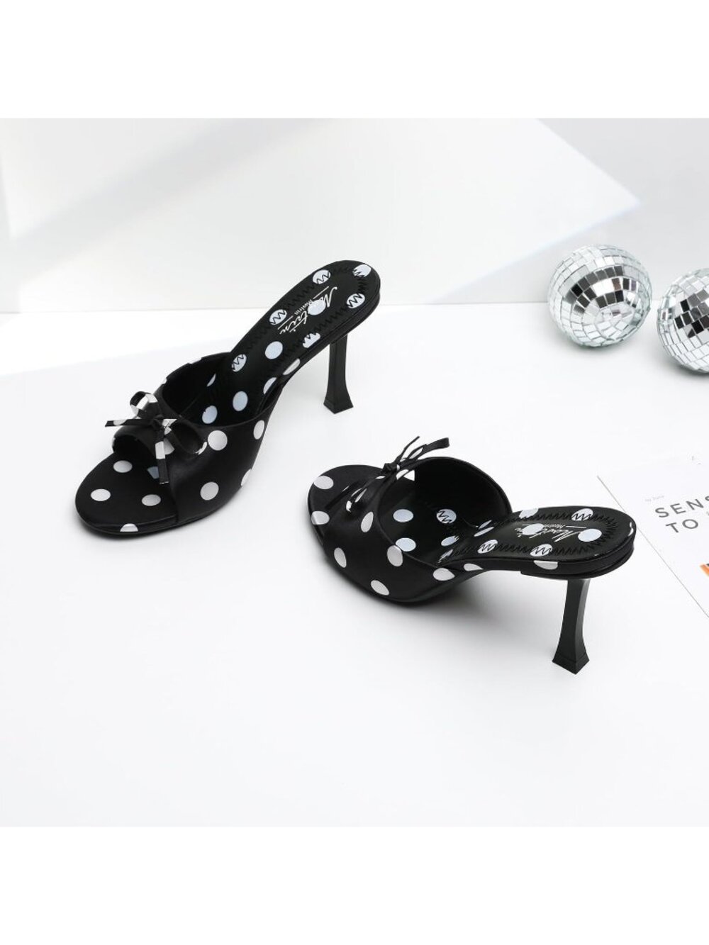 Women's Round Toe Heels With Bow Mule Polka Dot Slip on Stiletto Backless Sandal - Picture 6 of 6